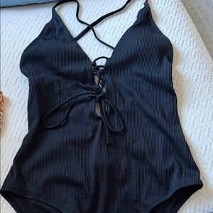 Classic Black Ribbed Lace-Up One-Piece Swimsuit